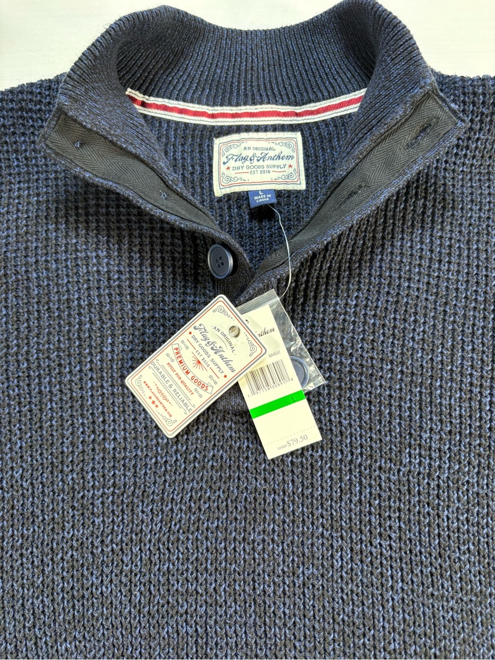 NWT Flag & Anthem Mens Size Large Blue Button Mock Neck Waffle Knit Sweater
